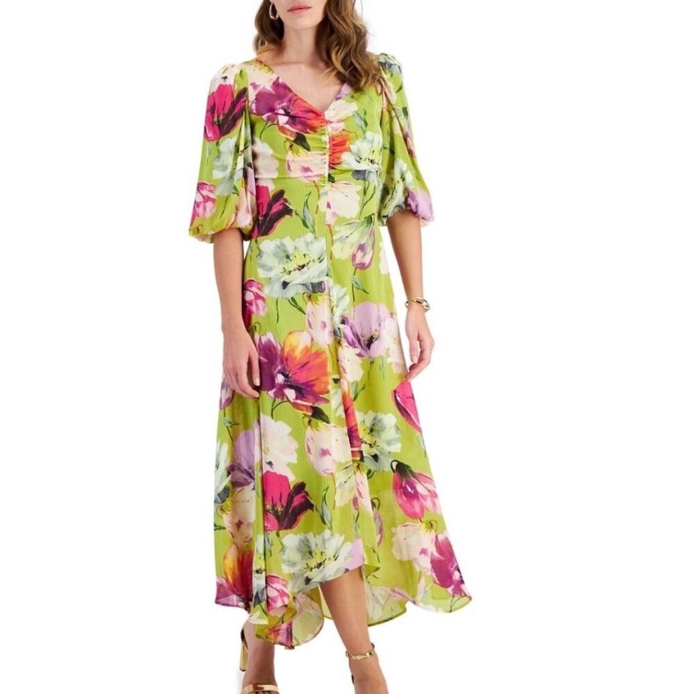 Taylor Lime Green Plisse Satin Floral Print Flowy 3/4th Sleeve Midi Dress